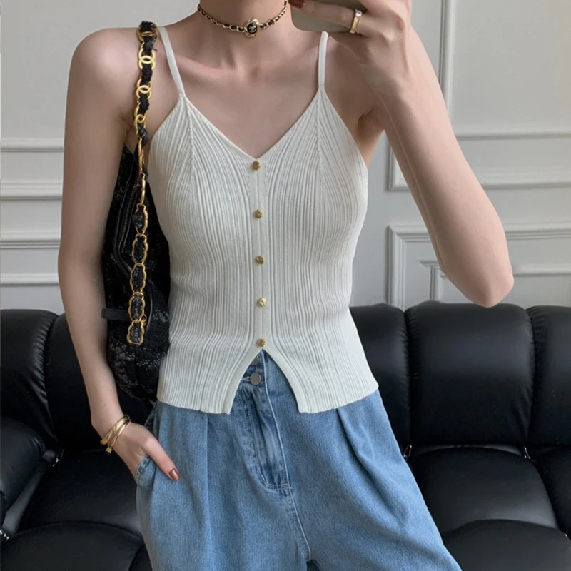 V-neck Button Up Knitted Cardigan Slim Fit Thin Summer Sleeveless Pin White Vest Women's Outerwear Crop Top