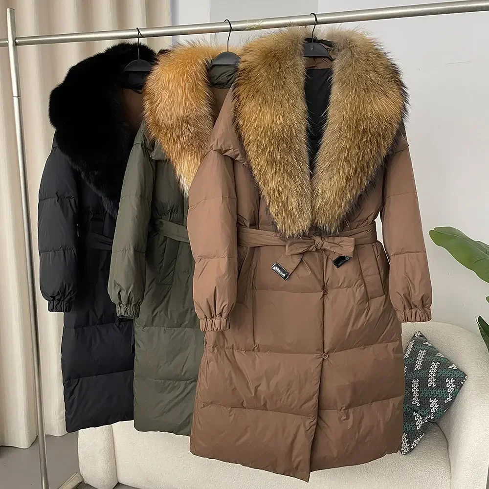 2024 Fur Jacket Winter Women Thick Warm Belt Casual Outerwear Natural Real Fox Raccoon Fur Collar White Duck Down Coat