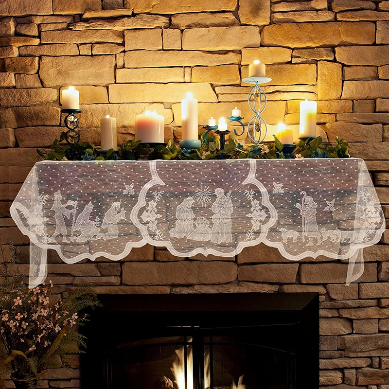 1 Stück Weihnachtliche Weiße Spitzen-Jesus-Girlande Kaminschürze für Familien-Wohnzimmer Innendekoration, 20 X 90 Zoll – Detail 3