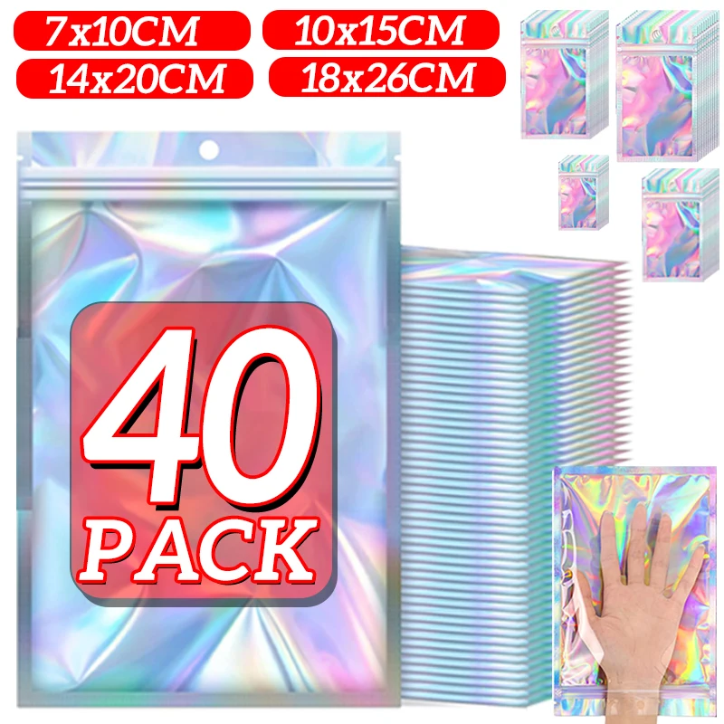 40 шт., голографические упаковочные пакеты, сумка с лазерной печатью на молнии для вечеринки, ногтей, ресниц, уплотнительная сумка для хранения продуктов, ювелирных изделий