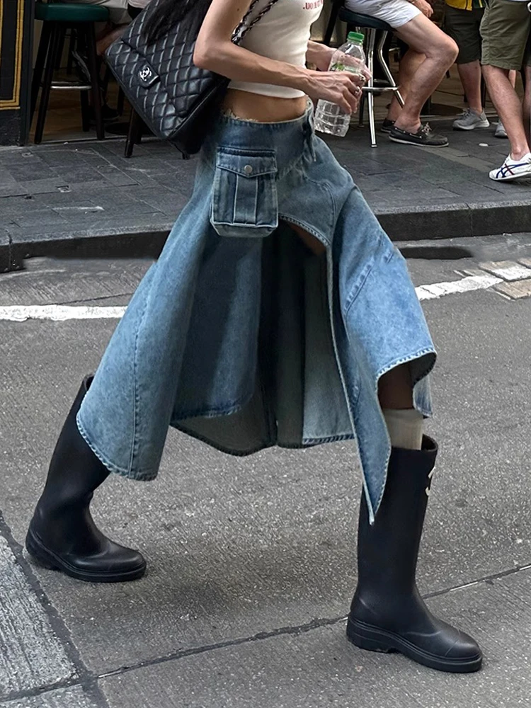 American style retro niche design split cargo dress women's sexy fashionable and versatile street irregular denim skirt