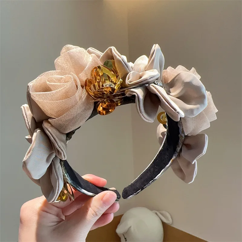 New Solid Color Simulation Garland Bridal Mesh Headband Girls Curled Flower Core Flower Headband Performance Hair Accessories