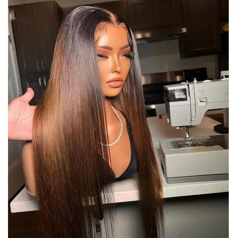Ombre Brown Natural Silky Straight Long 180 Density 26inch 5x5 Silk Base Jewish Human Hair Extensions with Baby Hair HD Lace