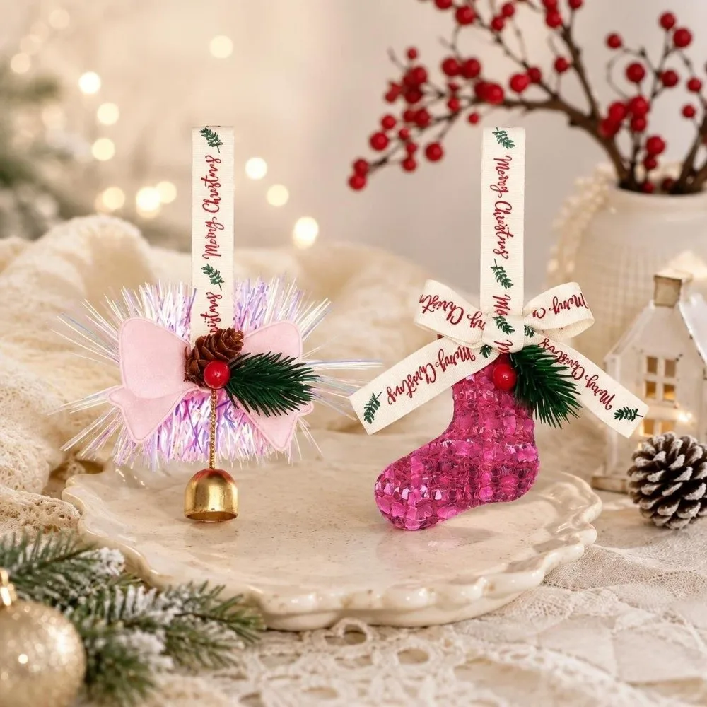 3D Christmas Bow Bell Pendant Pinecone Sparkling Xmas Tree Pendant Rustic Christmas Stocking Xmas Gift Hanging Decorations