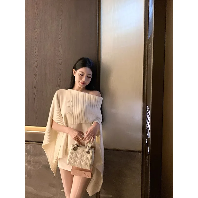 

Autumn Cape Women New Long Sleeve Knitted Sweater Poncho Femme Fashion Loose Shawl Femme Solid Color Irregular Pullover