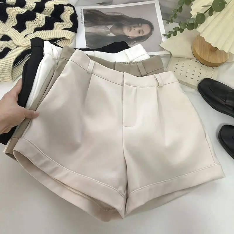 Pantalones Cortos De Mujer High Waisted Shorts Feminino Wild Solid Simple Casual Suit Black Wide Leg  Women White Spring