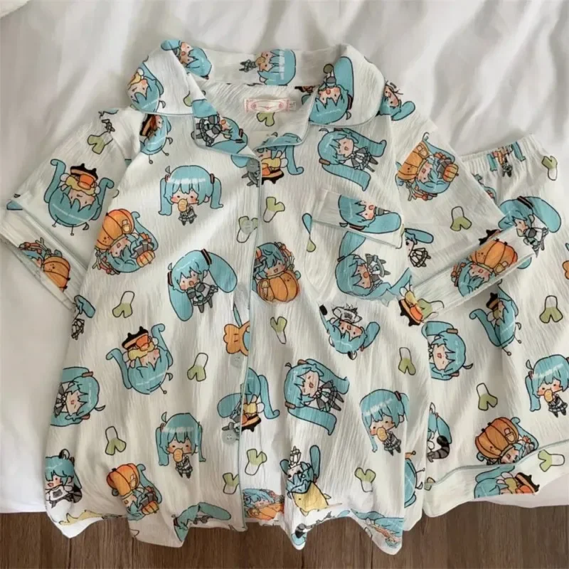 Hatsune Miku Cartoon pigiama da donna Set pigiameria Button Down top pantaloncini pigiama 2 pezzi vestito carino pigiameria Loungewear estate