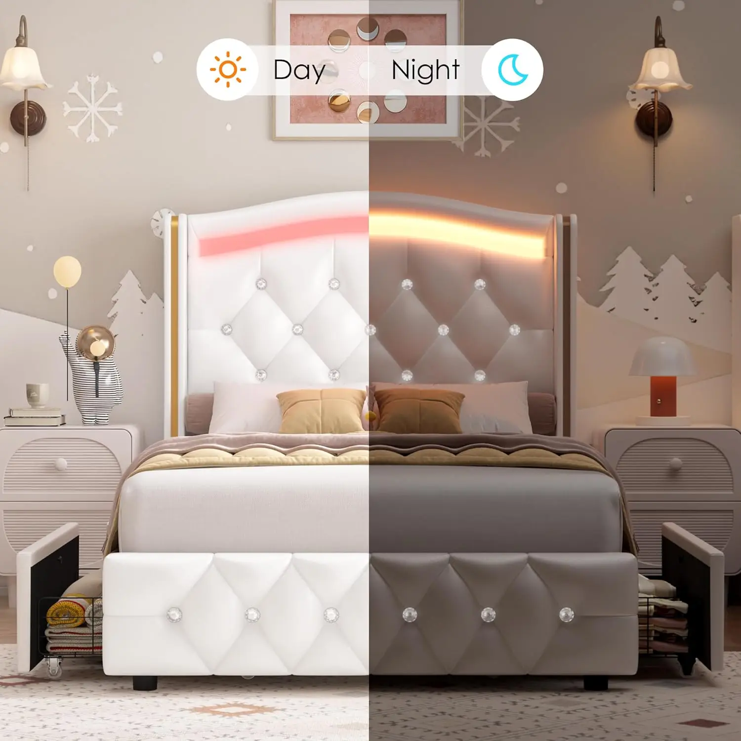 Estrutura de cama dupla estofada LED com cabeceira tufada com botão de cristal e 4 gavetas de armazenamento, plataforma moderna de princesa em PU tamanho duplo