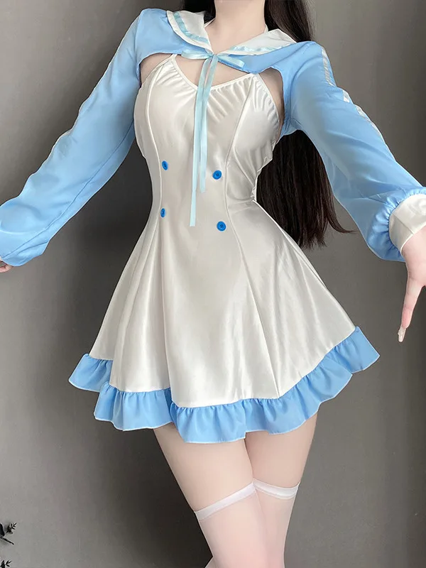 New Cute Maid Costume Cosplay Lolita Halloween Women's Performance Costume Sweet Loose Long Sleeved Hooded cloak Sling Dress ZU9