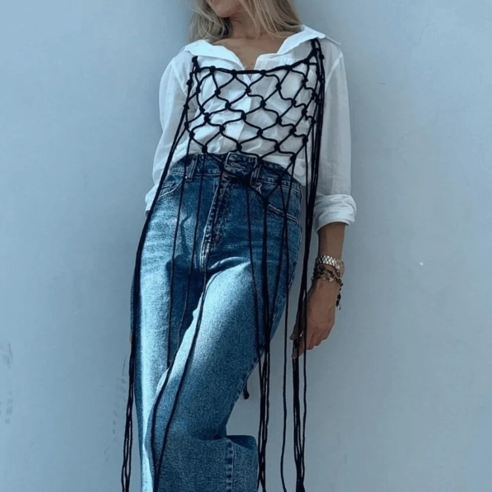 

Bohemian Netted Fringe Scarf Shawl Decorative Tassel Ethnic Design Mesh Tassel Waistband Fringed Waist Belt Versatile Styling