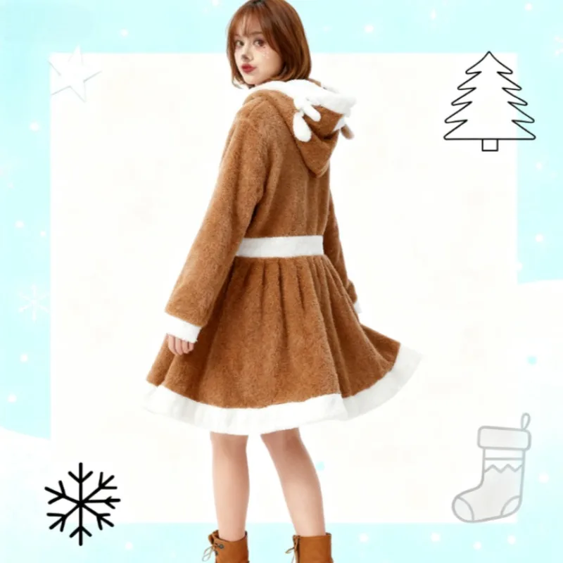 

Cute Cartoon Costume for Holiday Photos Khaki Animal Print Nightgown with Antler Headband Plush Christmas Sleepwear