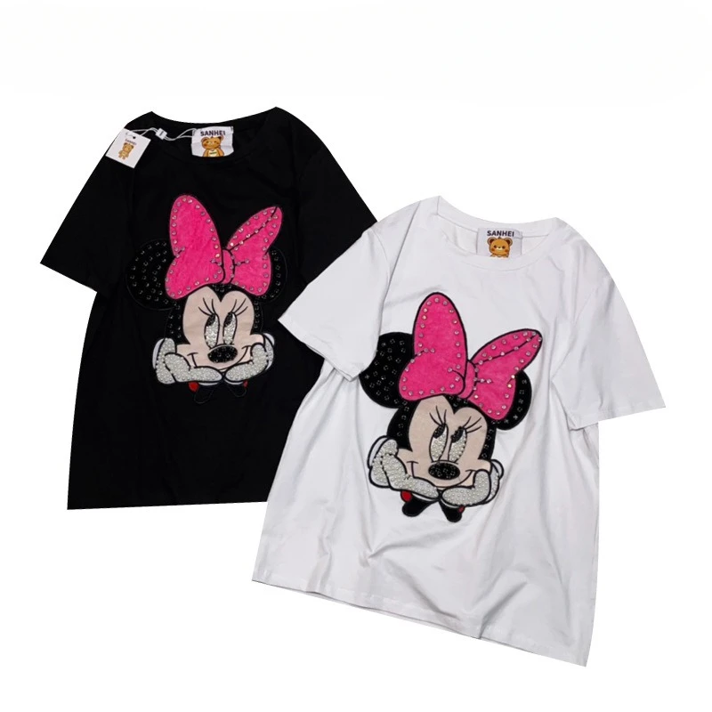 Chic Spring And Summer Tees New Korean Style Fashion Bead Cartoon Patch All-Matching Loose Short Sleeve T-shirt Female