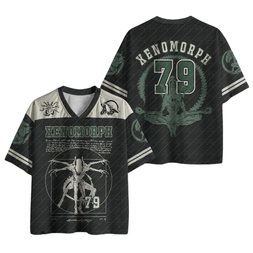 V Neck Football Jersey Vintage Sci-Fi Alien Creature Blueprint Number 79 Print Black Cream White Striped Sleeve Loose Sport Tee