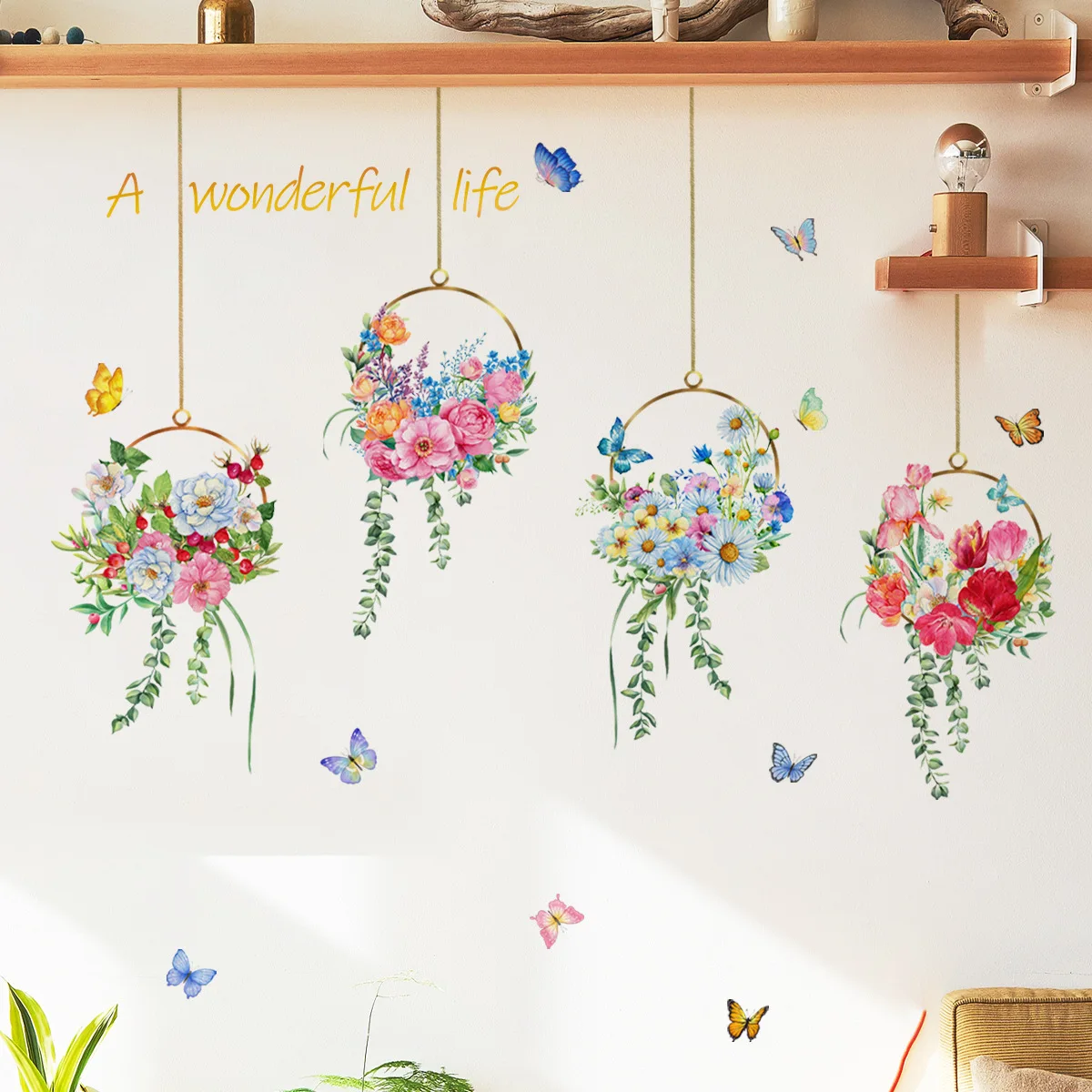 

2pcs Flower Basket Flower English Slogan Butterfly Cartoon Wall Sticker Background Living Room Decoration Mural Wall Sticker