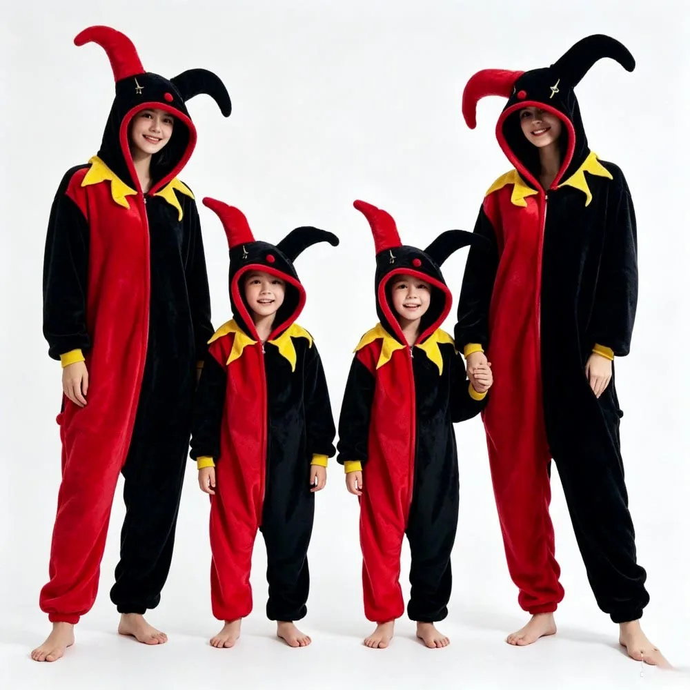 Family Matching Halloween Skeleton Onesie Pajamas Adult Kids Flannel Hooded Jumpsuit Clown Cosplay Costume Homewear Sleepwear