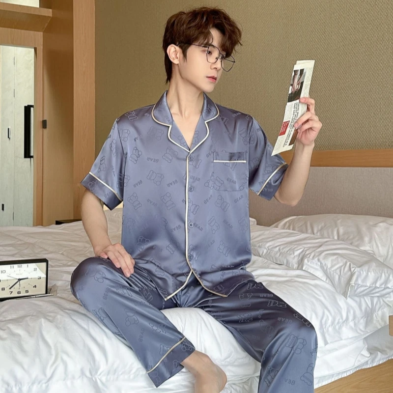 New arrivals in stock quality fashion short sleeve sleepwear shorts jacquard pattern 3 piece silk men's pajamas set