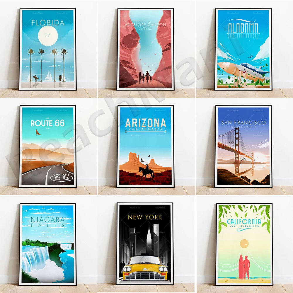 

Miami, Arizona, Antelope Canyon, Niagara, US Route 66, New York, San Francisco, Alabama, Las Vegas, California travel poster