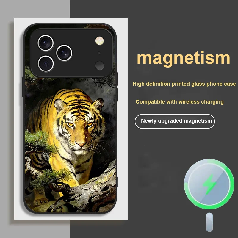 

Chinese Tiger Pattern Magnetic Glass Phone Case For iPhone 17 Pro MAX Dust Cover