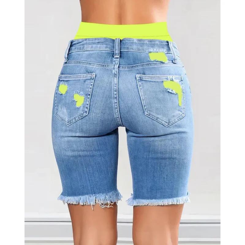 Foreign Trade Cross-Border2023New Color Contrast Patchwork Ripped Fake Two-Piece Denim Shorts