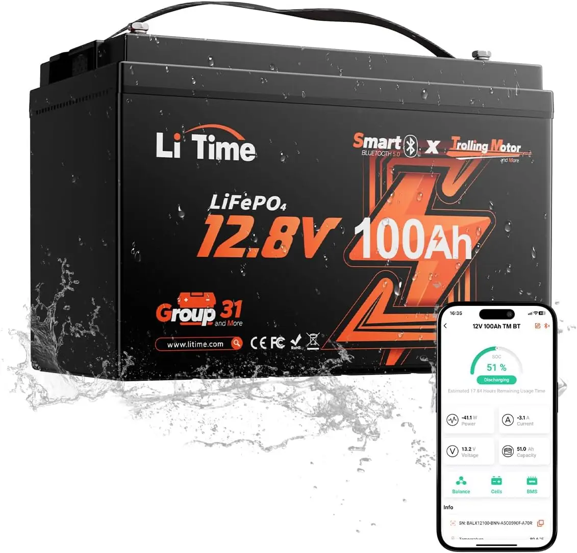 

12V 100Ah Trolling Motors LiFePO4 Battery (Group 31), 12 Volt Bluetooth Lithium Batteries, Max. 15000 Deep Cycles, 100A BMS, Low