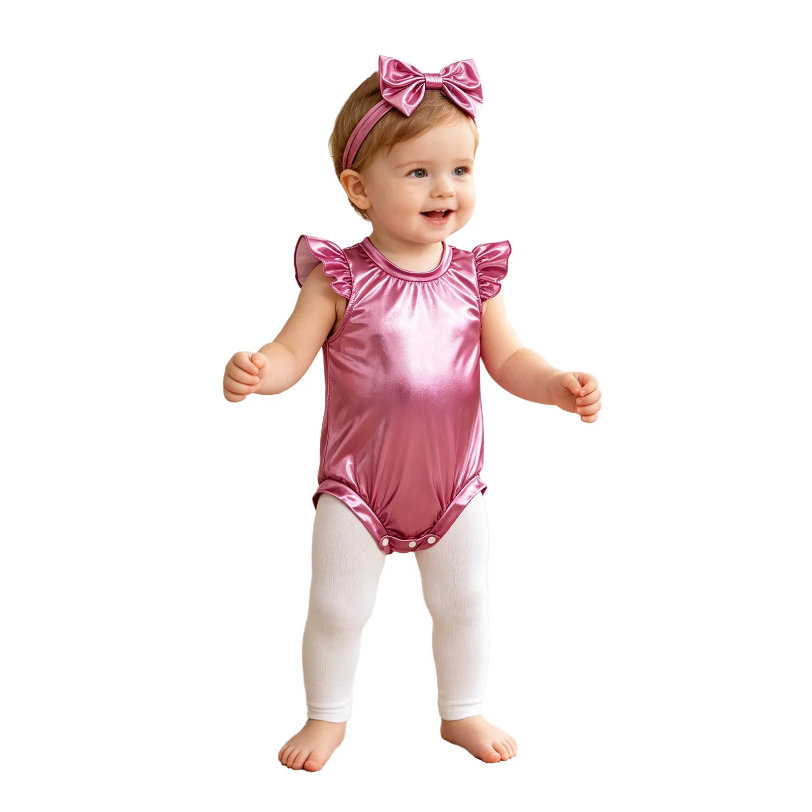 

Newborn Baby Girls Clothes Birthday Party Photography Outfit Ruffled Sleeves Metallic Shiny Rompers Bodysuit with Bow Headband