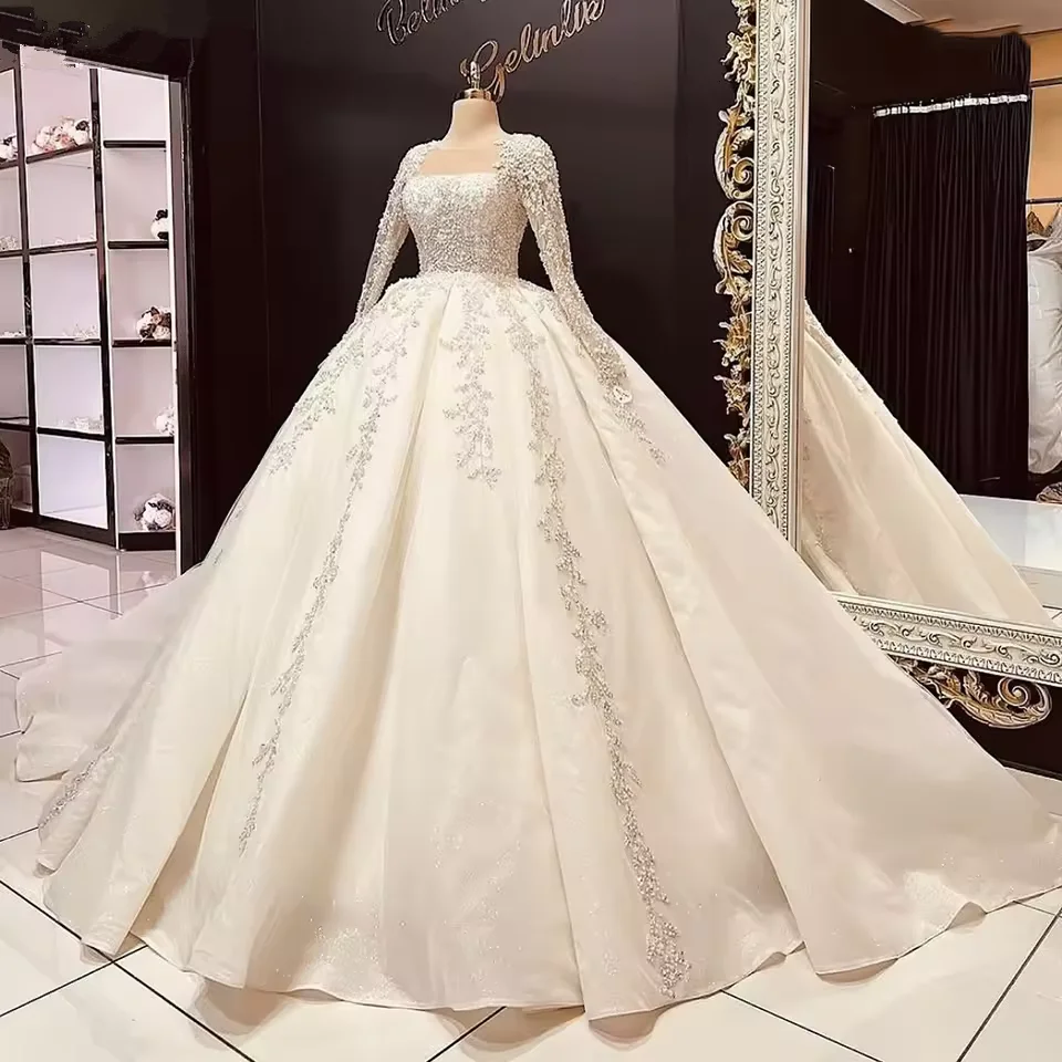 Customized Long Sleeves Sequin Beaded White Wedding Dress 2025 Ball Gown Sweep Train Tulle Lace Up Bridal Gown Vestidos de novia
