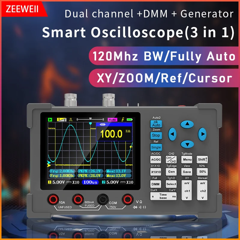 

ZEEWEII DSO3D12 3.2 Inch Desktop Digital Oscilloscope 120M Bandwidth Dual Channel Multimeter and Signal generator 3 in 1