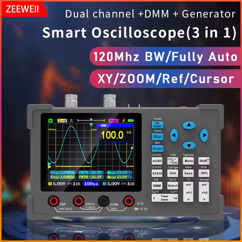 ZEEWEII DSO3D12 3.2 Inch Desktop Digital Oscilloscope 120M Bandwidth Dual Channel Multimeter and Signal generator 3 in 1
