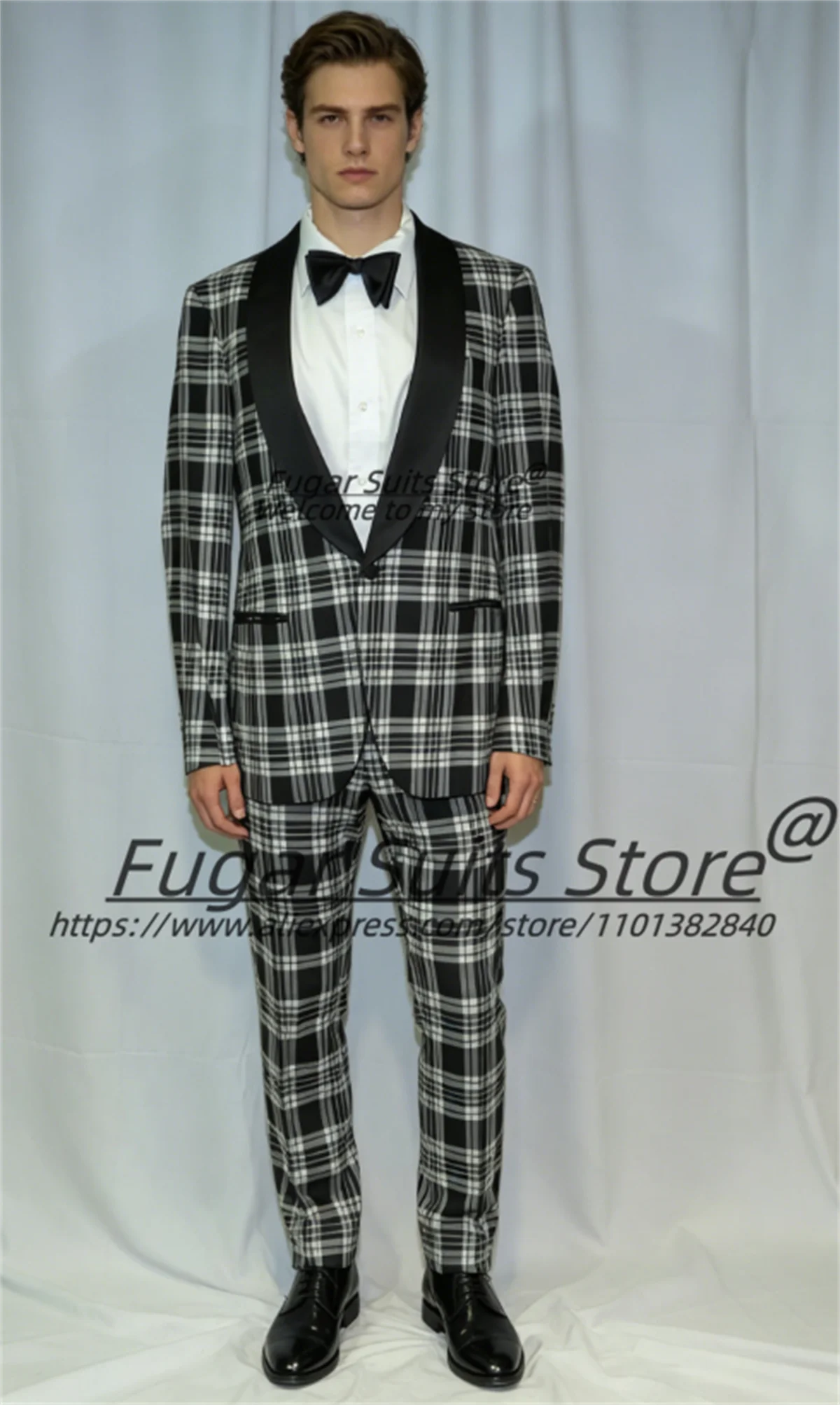 

Casual Plaid Formal Men Suits Customized Slim Shawl Lapel Groom Wedding Tuxedos Business Jacket+Pants 2 Pcs Sets Costume Homme