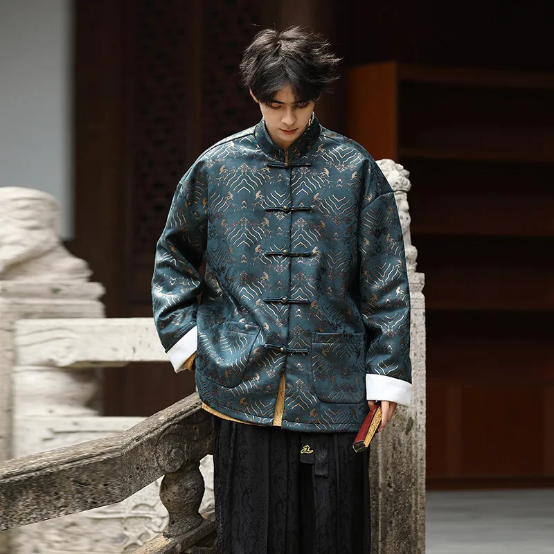 

Men's Tang Suit Jaet Sle Outerwear Long Sve Large Size Hanfu Coat Autumn Winter High End Feel Stand Fit Suede Velvet