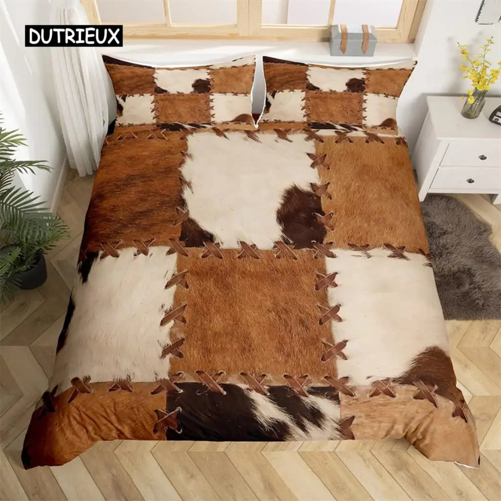 Brown Cowhide Duvet Cover Patchwork Cow Fur Farm Animal Bedding Set Western Farmhouse Retro Style Quilt Cover for Bedroom Decor