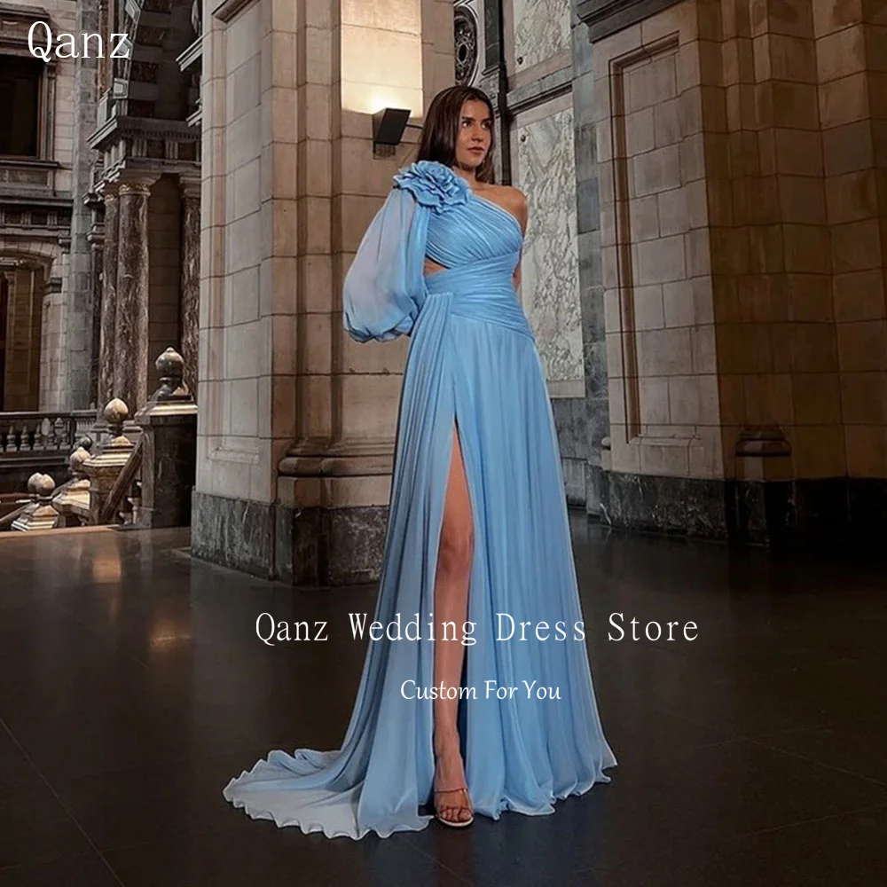 Qanz Elegant One Shoulder Evening Dresses Dubai Sky Blue Chiffon High Slit Flower Luxury Dresses Customized Vestidos De Noche