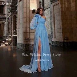 Qanz Elegant One Shoulder Evening Dresses Dubai Sky Blue Chiffon High Slit Flower Luxury Dresses Customized Vestidos De Noche