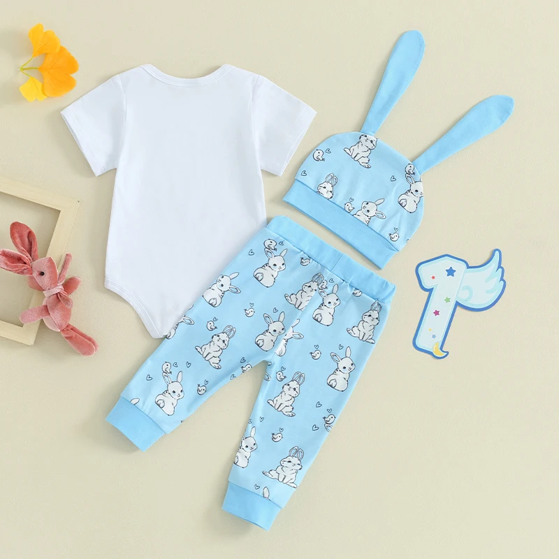 Baby Girls Easter Pants Sets Short Sleeve Letter Print Romper Bunny Print Pants Hat Sets