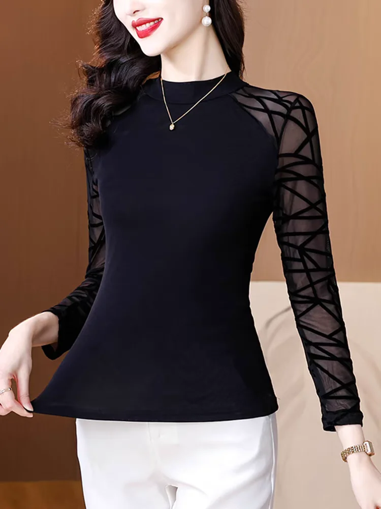 

Spliced Mesh Long Sleeve T Shirt Women Tight Clothes Black Skinny Vintage Womens Tee Shirts