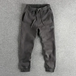 2024 Autumn New American Retro Thick Velvet Letter Embroidery Sweatpants Men's Simple 100% Cotton Washed Drawstring Casual Pants