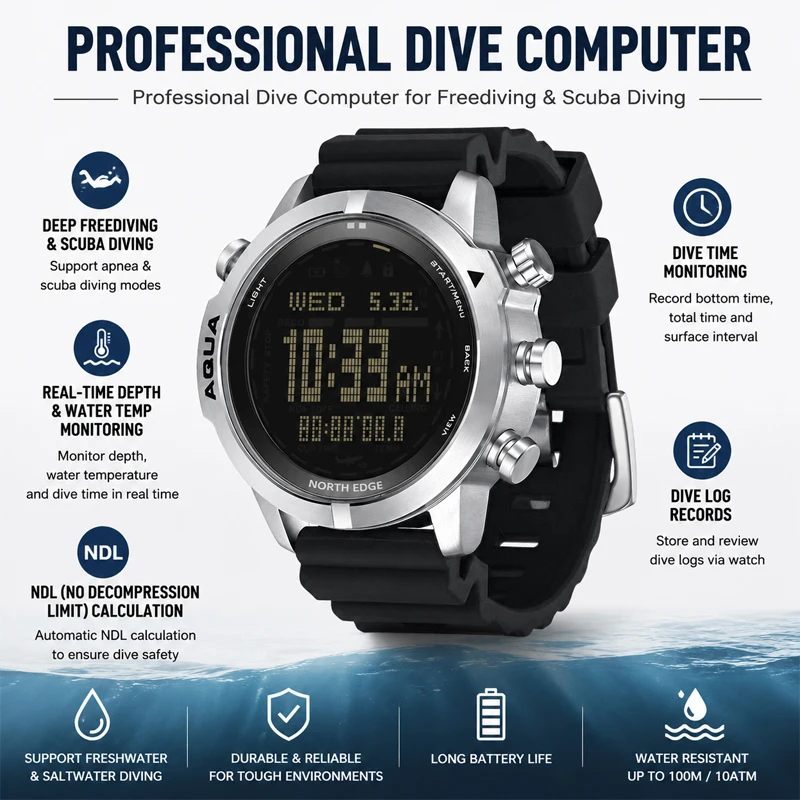 NORTH EDGE AQUA Smart Watch Professional Dive Computer Watch Scuba Diving NDL (No Deco Time) 50M Altimeter Barometer Compass New