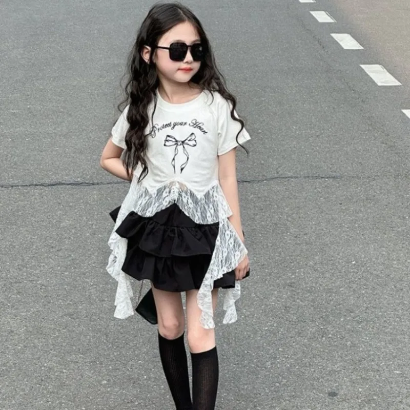 2026 New Girls' Summer Dress Trendy Korean Style Short Sleeve Tiered Skirt Versatile Mix Match Casual Wear for Kids
