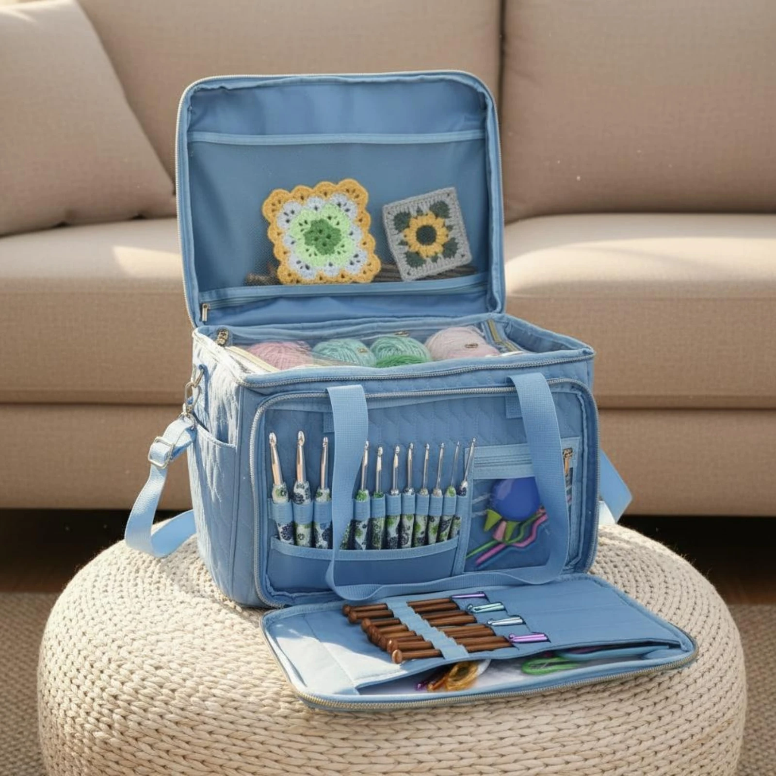 

Yarn Storage Bag Portable Handle Crochet Organizer Bag Crochet Organizer Tote Multiple Pockets Knitting Tool Tote Large Capacity