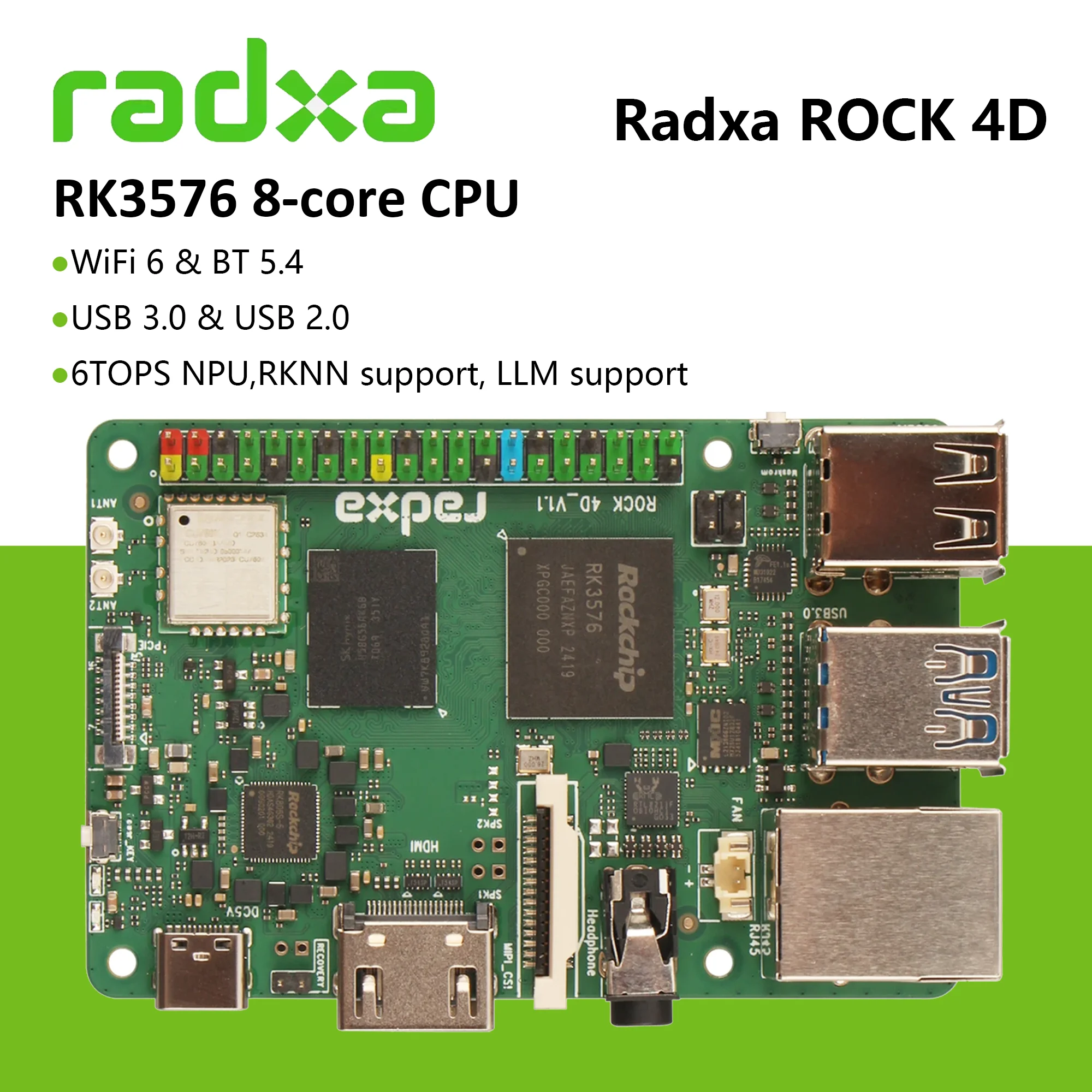 لوحة تطوير Radxa ROCK 4D RK3576 ذات 8 النواة، مصممة لـ Al and Edge الصناعي، 6TOPS، دعم NPU RKNN، دعم LLM، USB3.0 #1