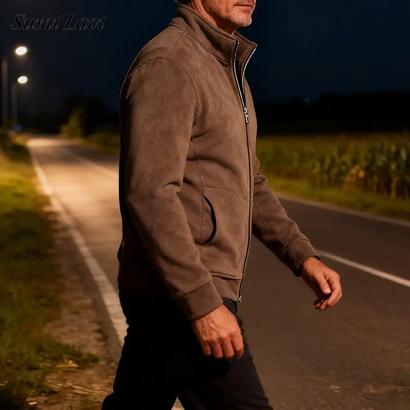 

Vintage Zip-up Stand Collar Jacket Coat Mens Fleece Warm Slim Fit Cardigans Men Autumn Winter Daily Casual Solid Color Outerwear