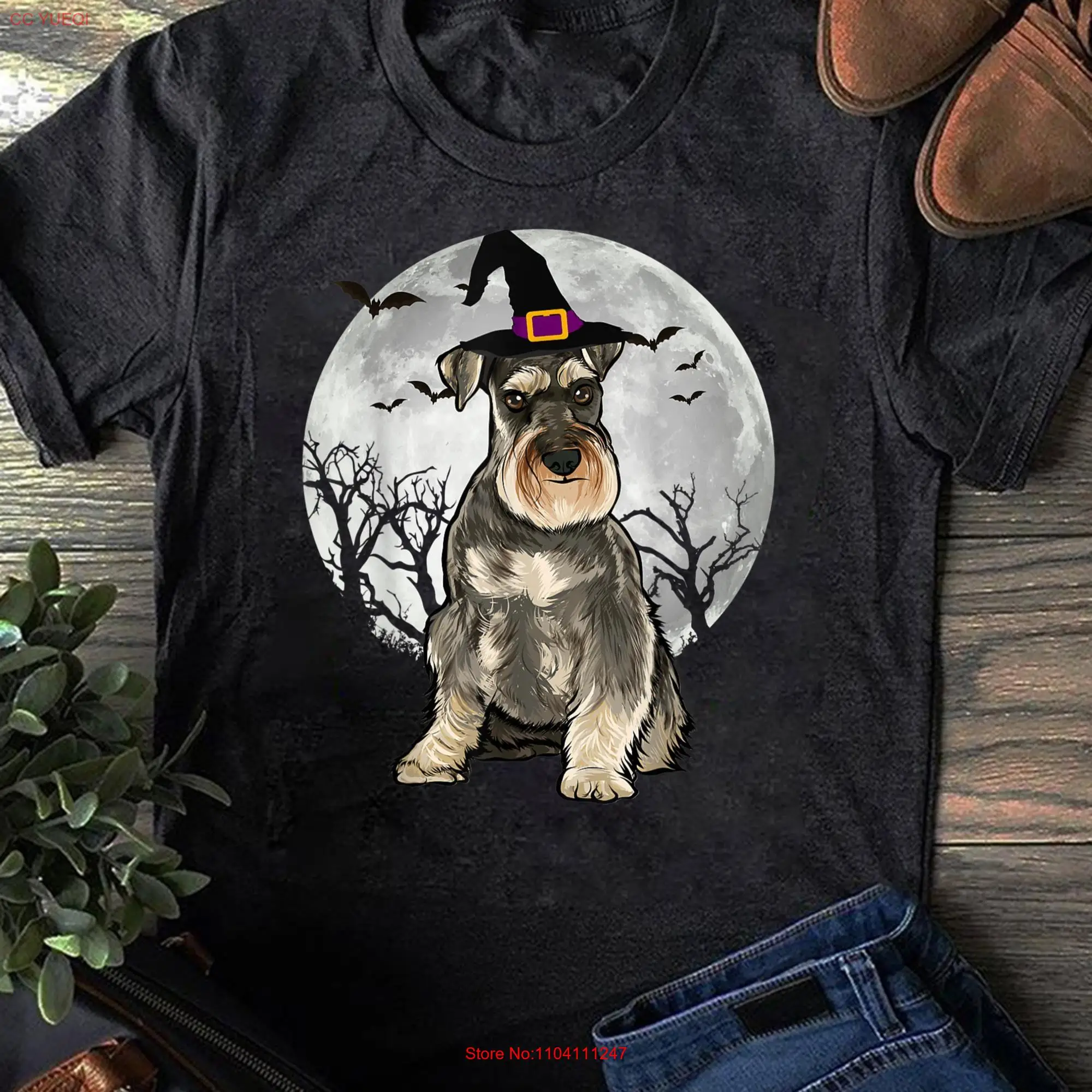 Scary Miniature Schnauzer Dog Witch Hat Halloween T Shirt for Lovers Funny Mother's Day long or short sleeves