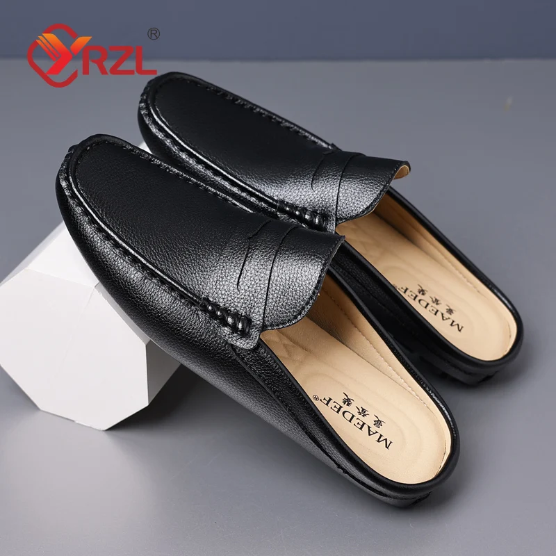 YRZL Slippers Summer Slip on Half Shoes for Men Leather Slippers Casual Breathable Comfy Loafers Moccasins Brown Black Beige