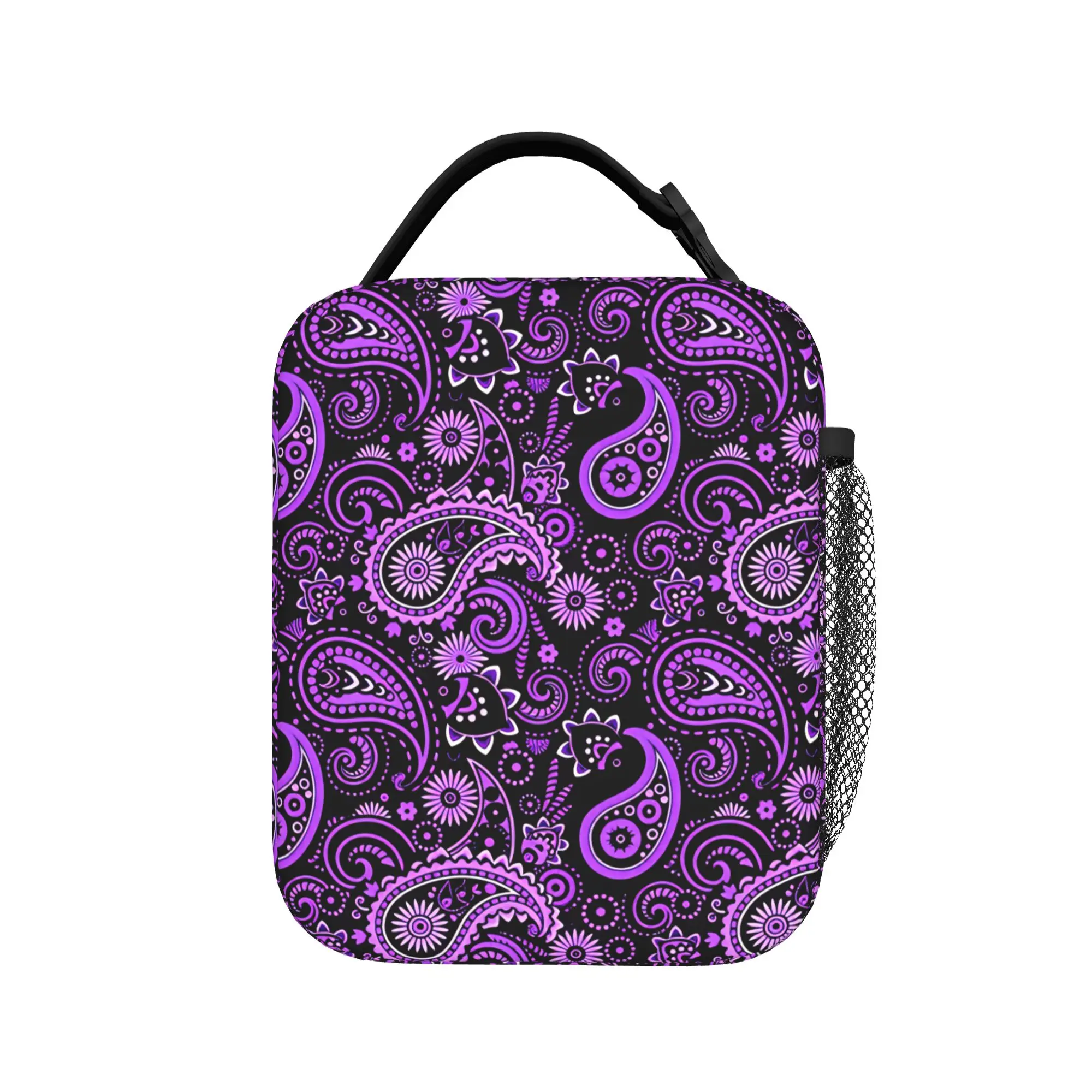 Purple Floral Paisley Bohemian Dark Lunch Bag For Unisex  Print Picnic Lunch Box Fashion Portable Oxford Cooler Bag