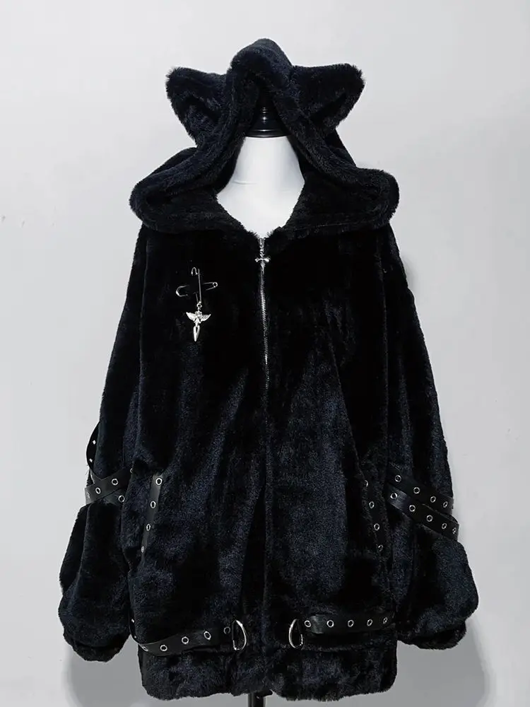 2025 Winter New Japanese Cat Ears Hooded Overcoat Women Darkly Punk Lint Loose Zipper Coat Female Warm Design Lovely Wool Coat