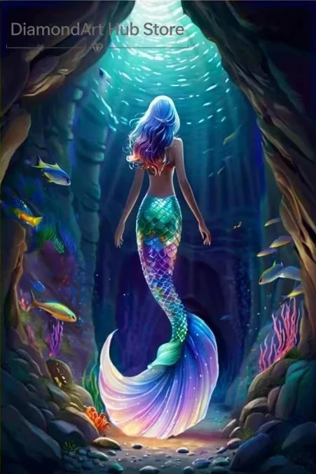 Stunning Fantasy Mermaid Colorful Tail Undersea Cave Seabed Pattern Diy Diamond Painting Handmade Wall Decor