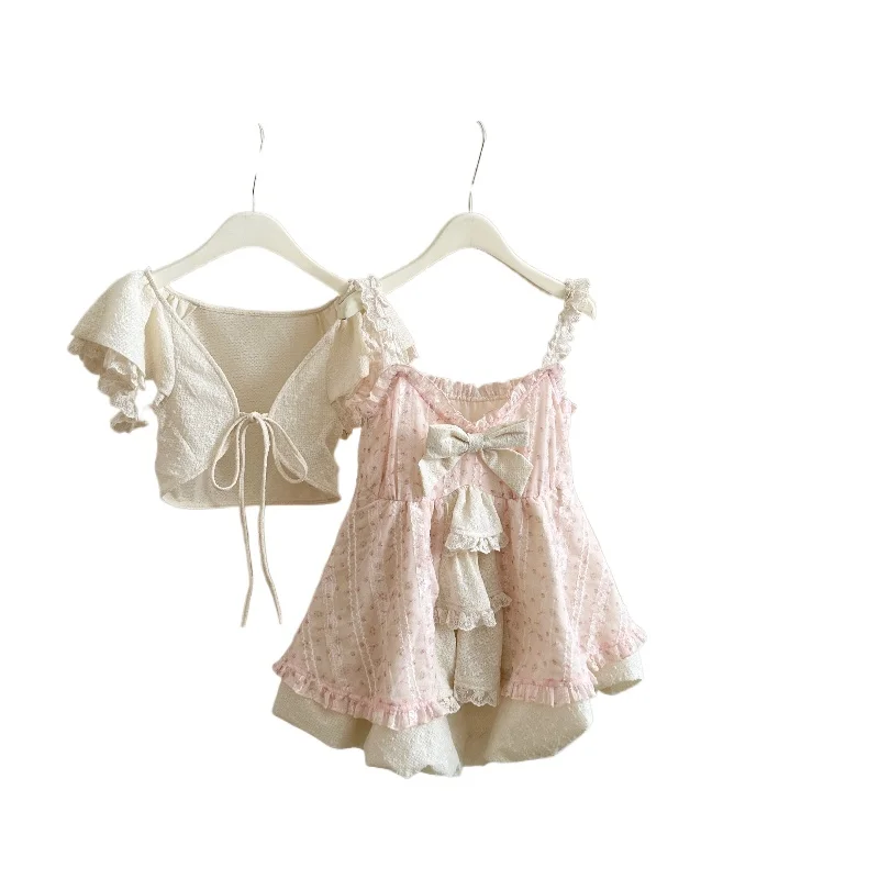 Sweet Lolita Bow Lace Dress Women Puff Sleeve Ruffle Layered S...