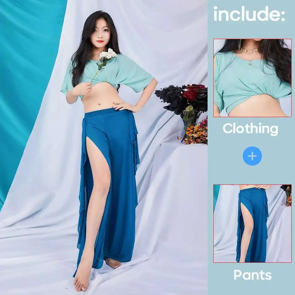 Buikdanskostuums Outfits Oefenkleding 2-delige set Top en rok Bloemblaadjesbroek Prestaties Professionele dans Kleurrijke rok