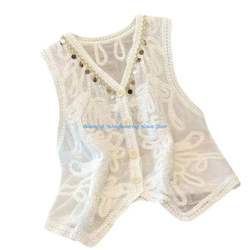 E56A المرأة خمر الكروشيه التطريز أكمام سترة سترة الخامس الرقبة شرابات زر الجبهة قطع علوية بدون أكتاف عطلة صدرية #2