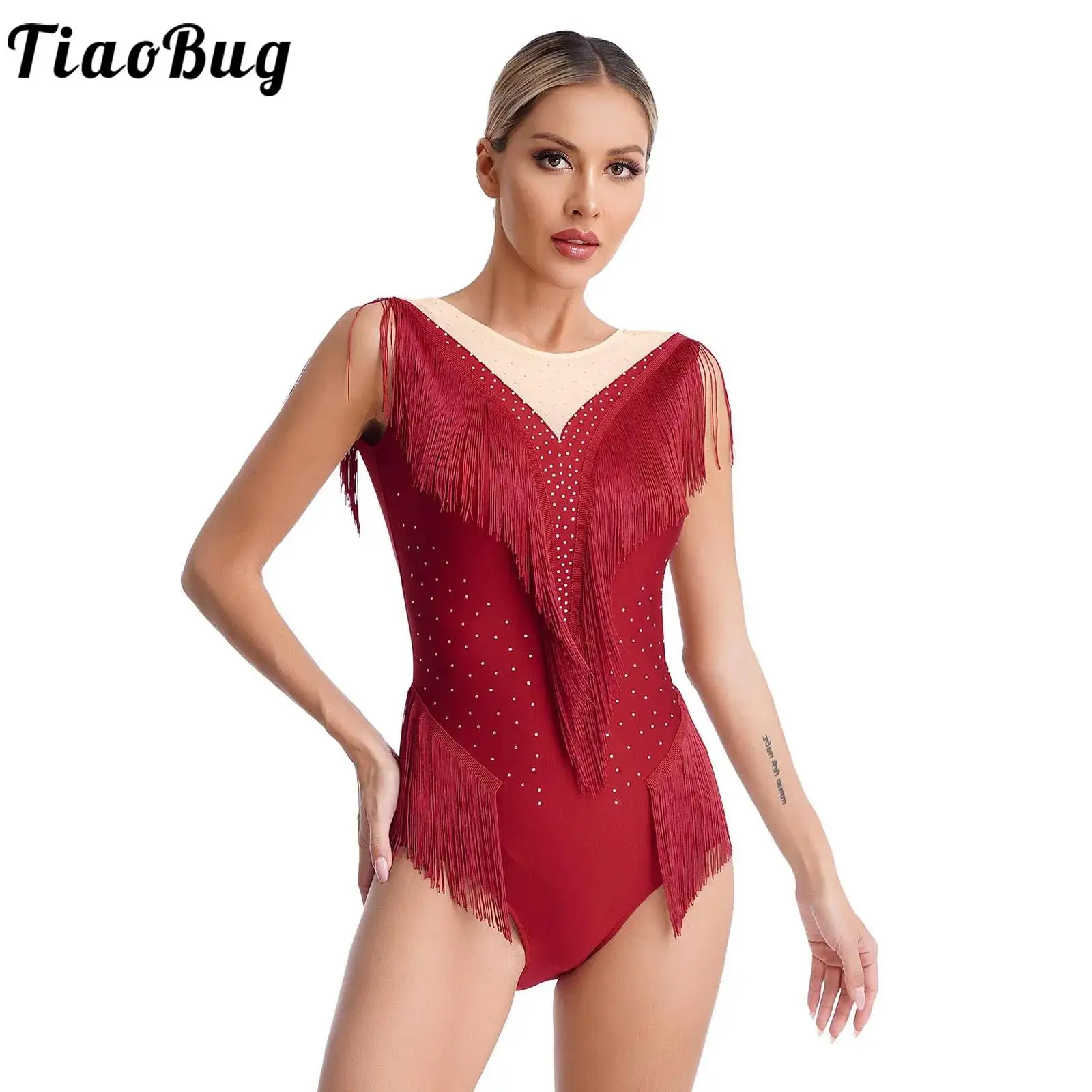 

Womens Rhinestone Fringed Leotard for Tango Latin Dance Performance Mesh Tassel Sleeveless Ballet Gymnastics Bodysuit Costume